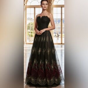 Peggy Jennings Couture Elegant Black and Burgundy Strapless Gown